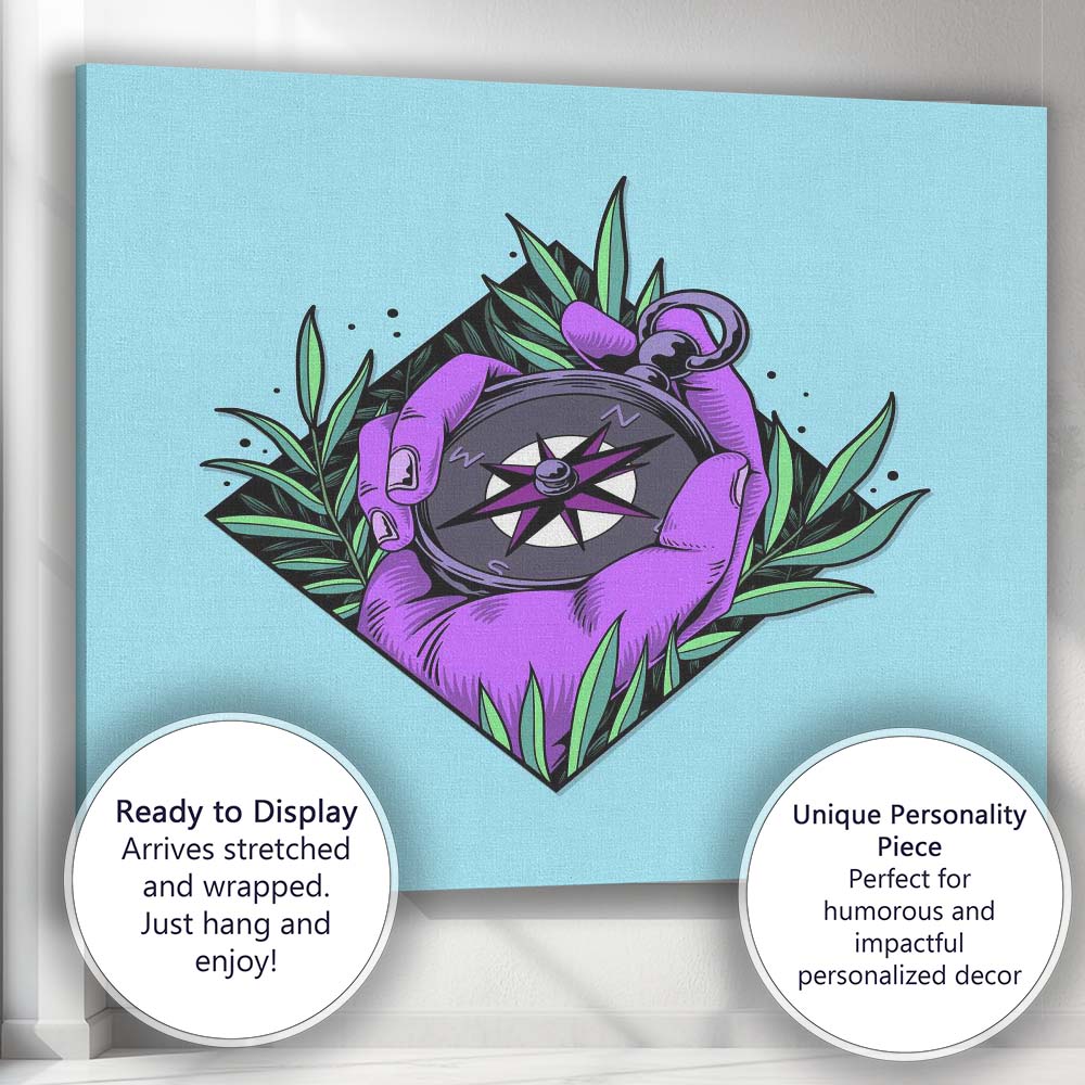 Purple Hand Compass Adventure Illustration Canvas Wall Art Print Decor Picture Ready to Hang