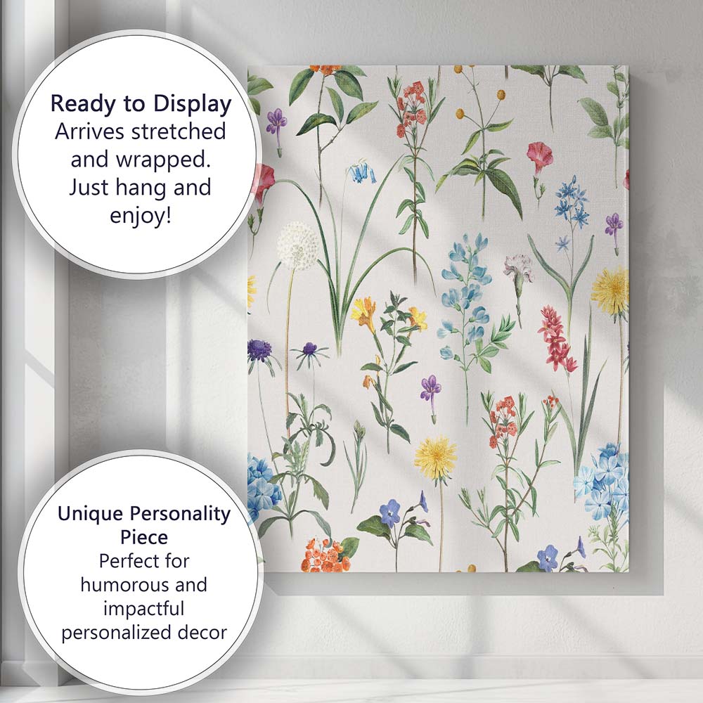 White Ditsy Wildflower Botanical Pattern Canvas Wall Art Print Decor Picture Ready to Hang