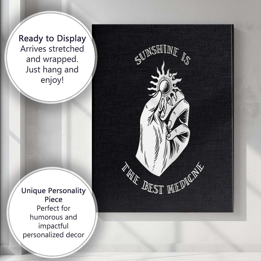 Black Sunshine Medicine Hand Illustration Canvas Wall Art Print Decor Picture Ready to Hang
