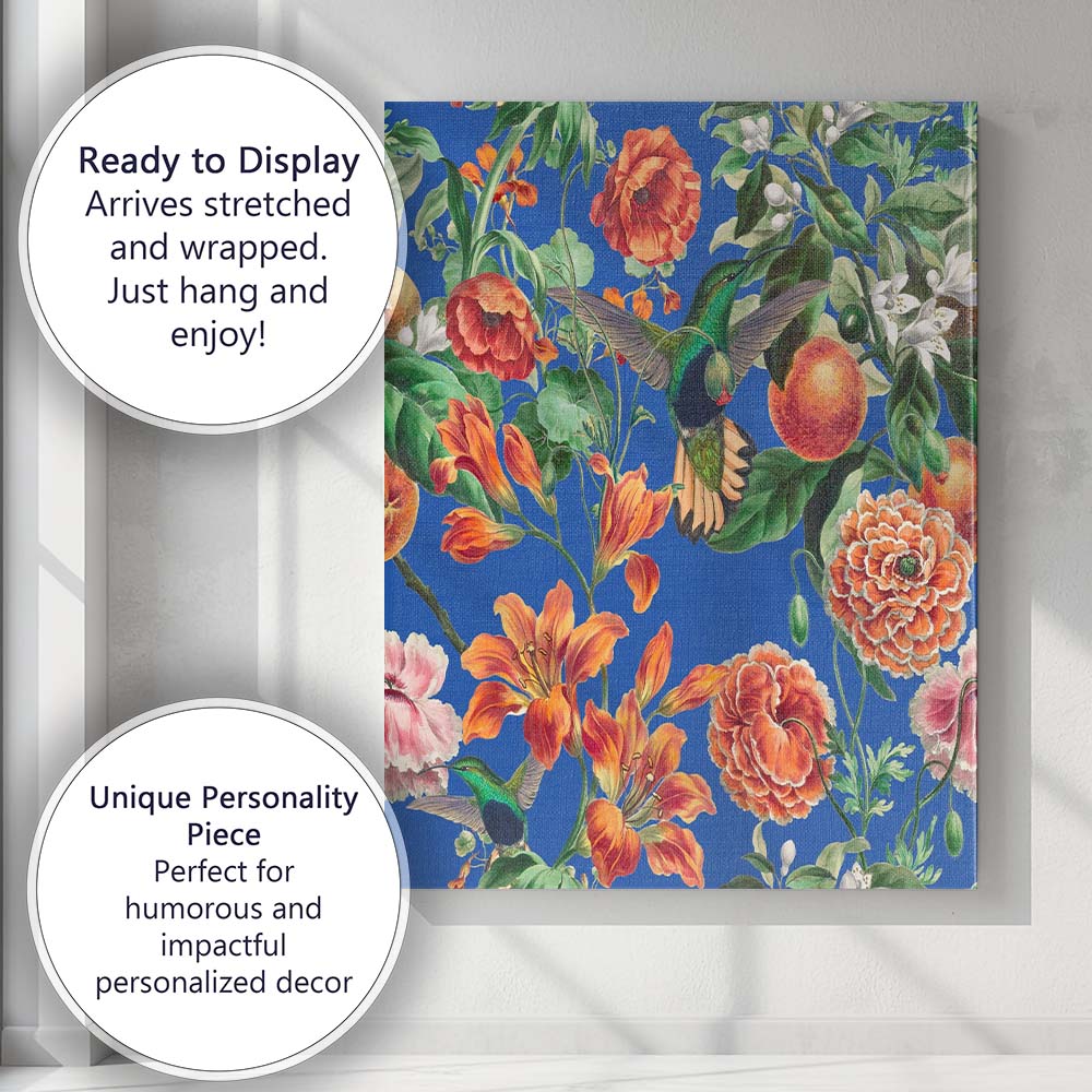 Blue Hummingbird Orange Floral Tropical Canvas Wall Art Print Decor Picture Ready to Hang