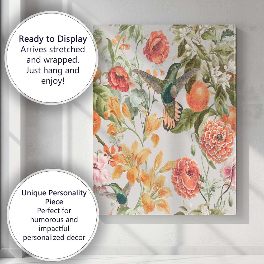 White Hummingbird Orange Floral Tropical Canvas Wall Art Print Decor Picture Ready to Hang