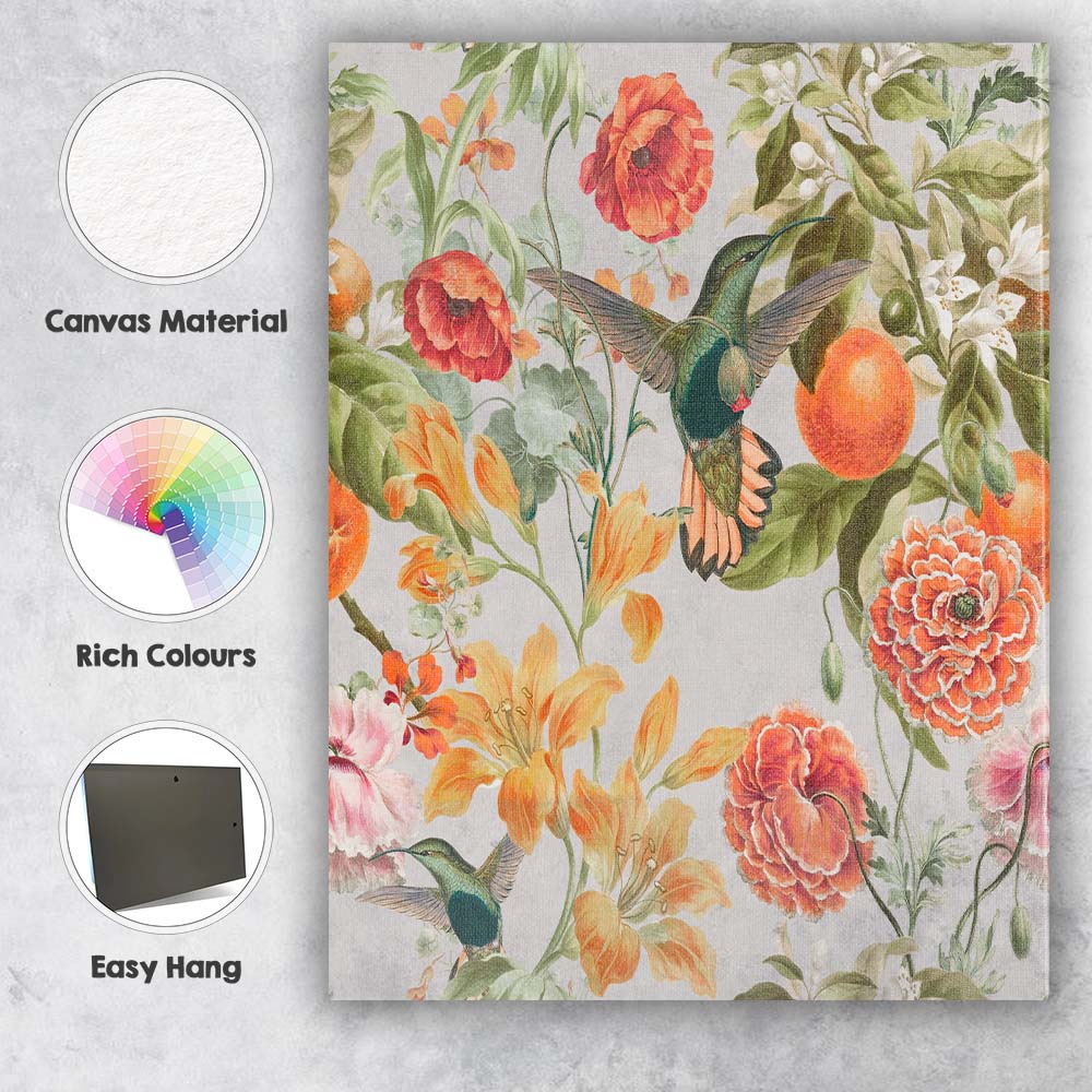 White Hummingbird Orange Floral Tropical Canvas Wall Art Print Decor Picture Ready to Hang