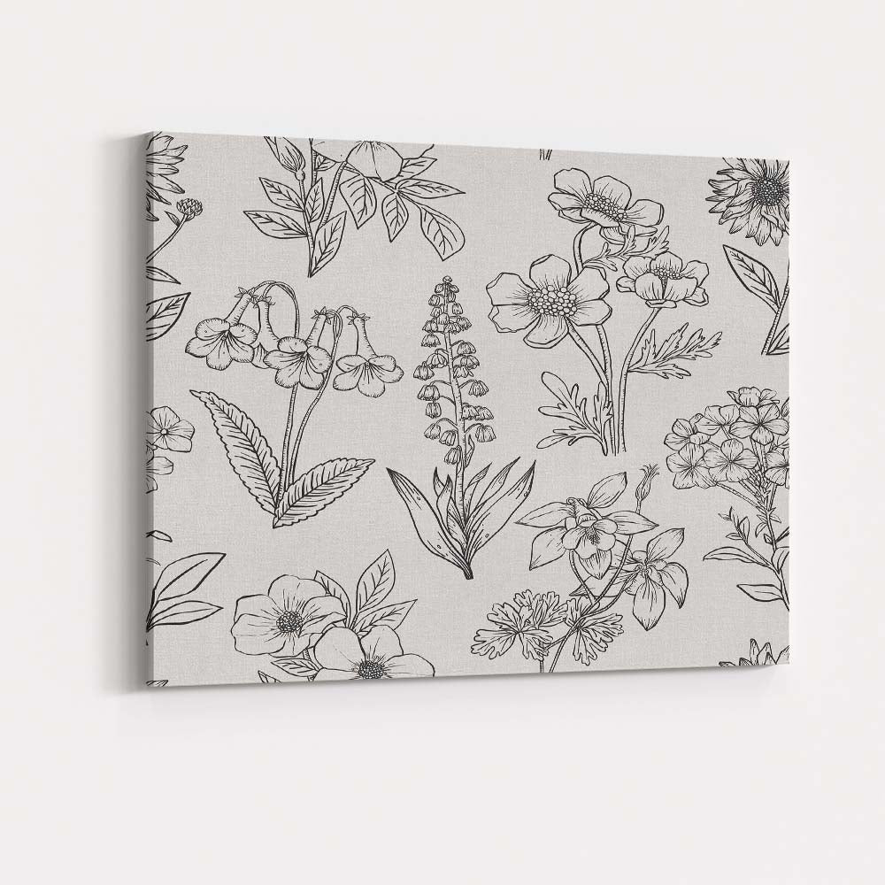 Black Botanical Wildflower Line Pattern Canvas Wall Art Print Decor Picture Ready to Hang