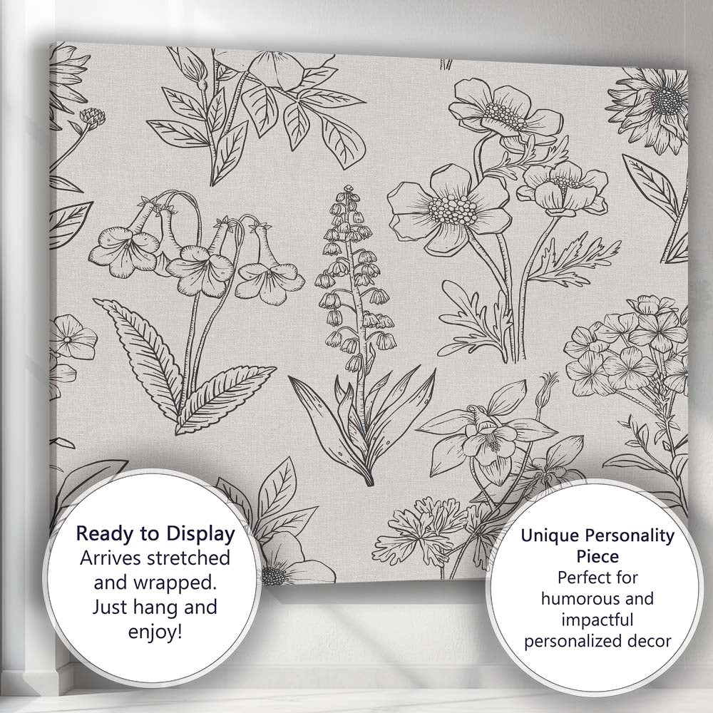 Black Botanical Wildflower Line Pattern Canvas Wall Art Print Decor Picture Ready to Hang