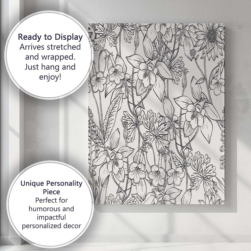 Dense Black Wildflower Line Art Pattern Canvas Wall Art Print Decor Picture Ready to Hang
