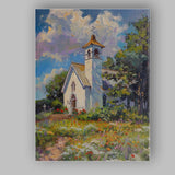 Impressionist White Country Church Wildflower Garden Summer Landscape Canvas Wall Art Print Decor Picture Ready to Hang