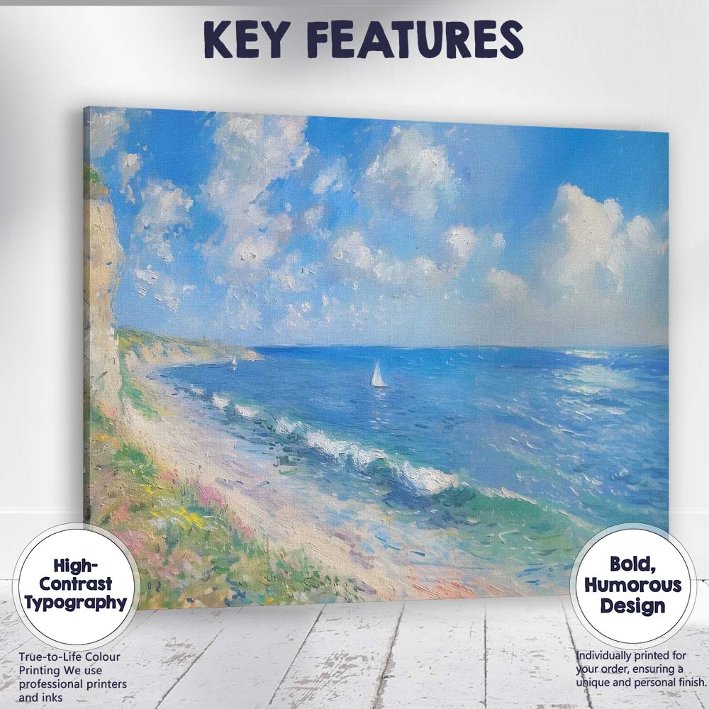 Impressionist Coastal Cliffs Blue Sea Sailboat Summer Seascape Canvas Wall Art Print Decor Picture Ready to Hang