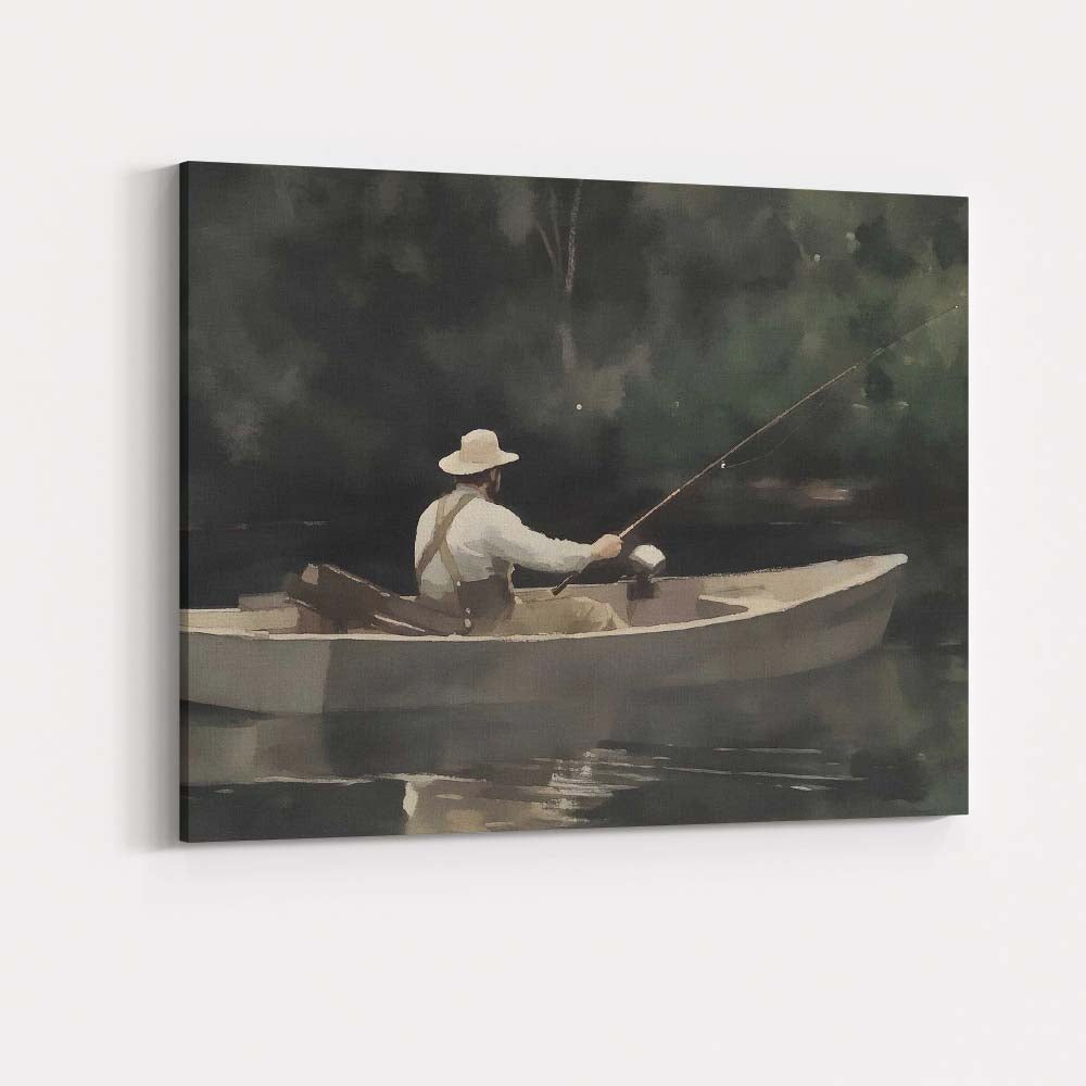 Peaceful Lone Fisherman Boat Tranquil River Impressionist Landscape Canvas Wall Art Print Decor Picture Ready to Hang