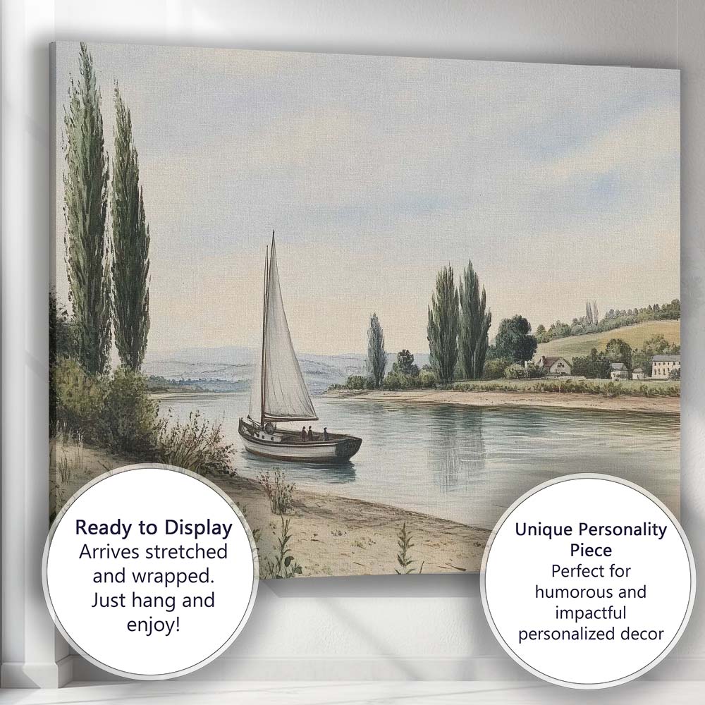 Serene River Sailboat Countryside Waterside Landscape Canvas Wall Art Print Decor Picture Ready to Hang