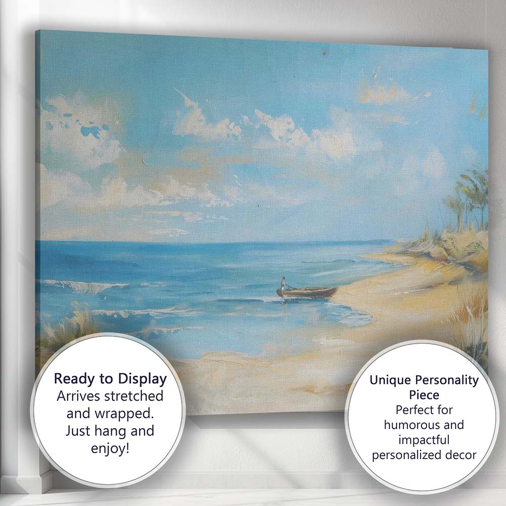 Bright Blue Coastal Beach Fishing Boat Seascape Canvas Wall Art Print Decor Picture Ready to Hang