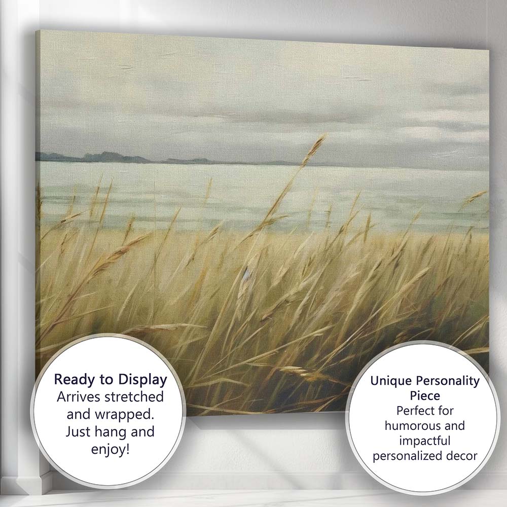 Golden Coastal Dune Grasses Tranquil Waters Landscape Canvas Wall Art Print Decor Picture Ready to Hang