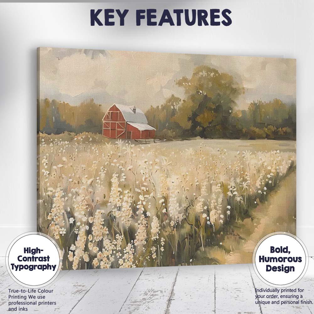 Rustic Red Barn Wildflower Meadow Country Landscape Canvas Wall Art Print Decor Picture Ready to Hang