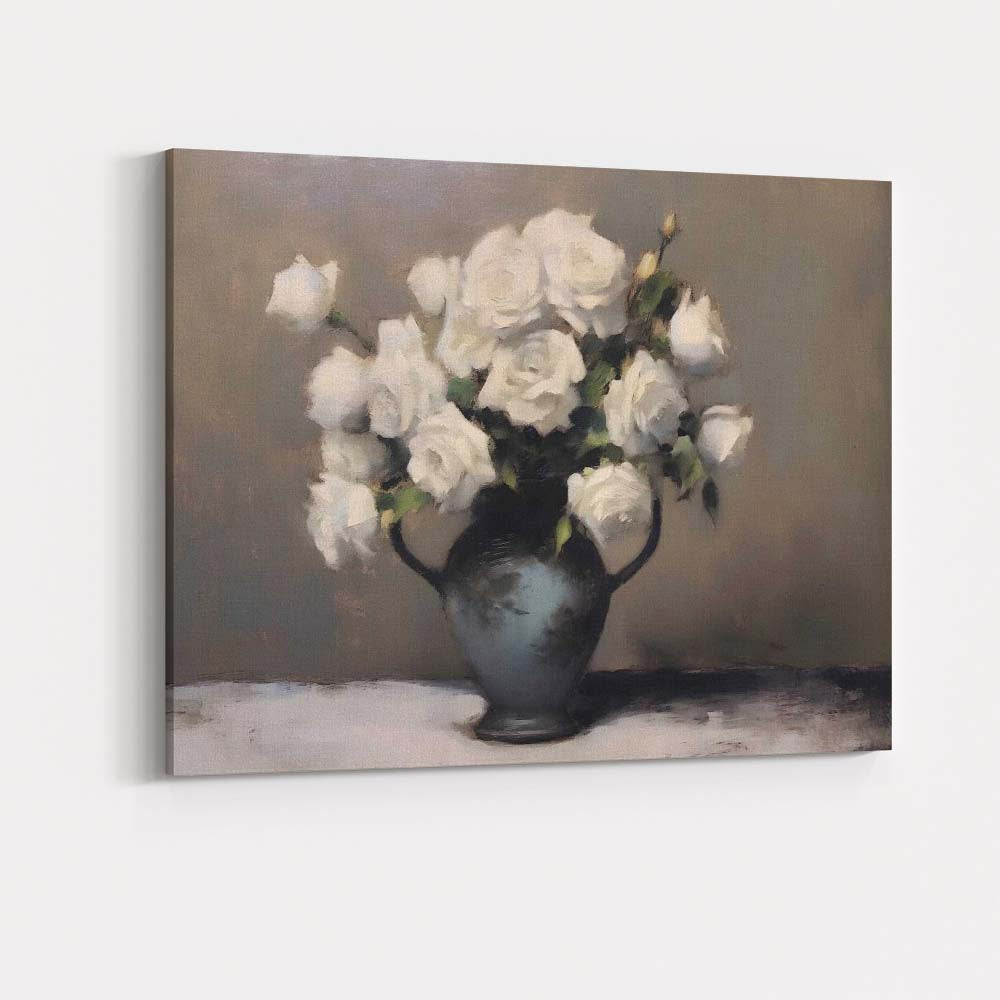 Elegant White Rose Bouquet Floral Still Life Canvas Wall Art Print Decor Picture Ready to Hang