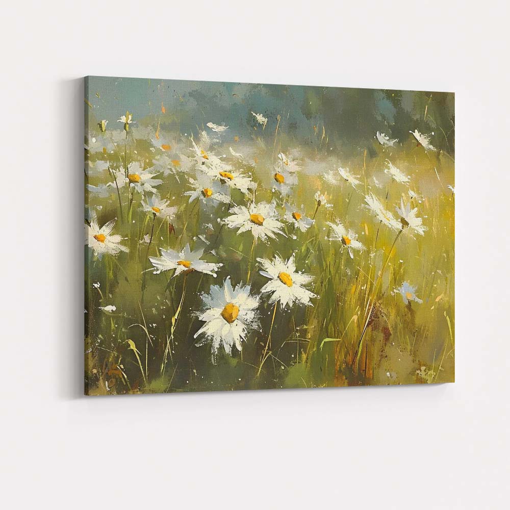 White Daisy Wildflower Meadow Impressionist Floral Landscape Canvas Wall Art Print Decor Picture Ready to Hang