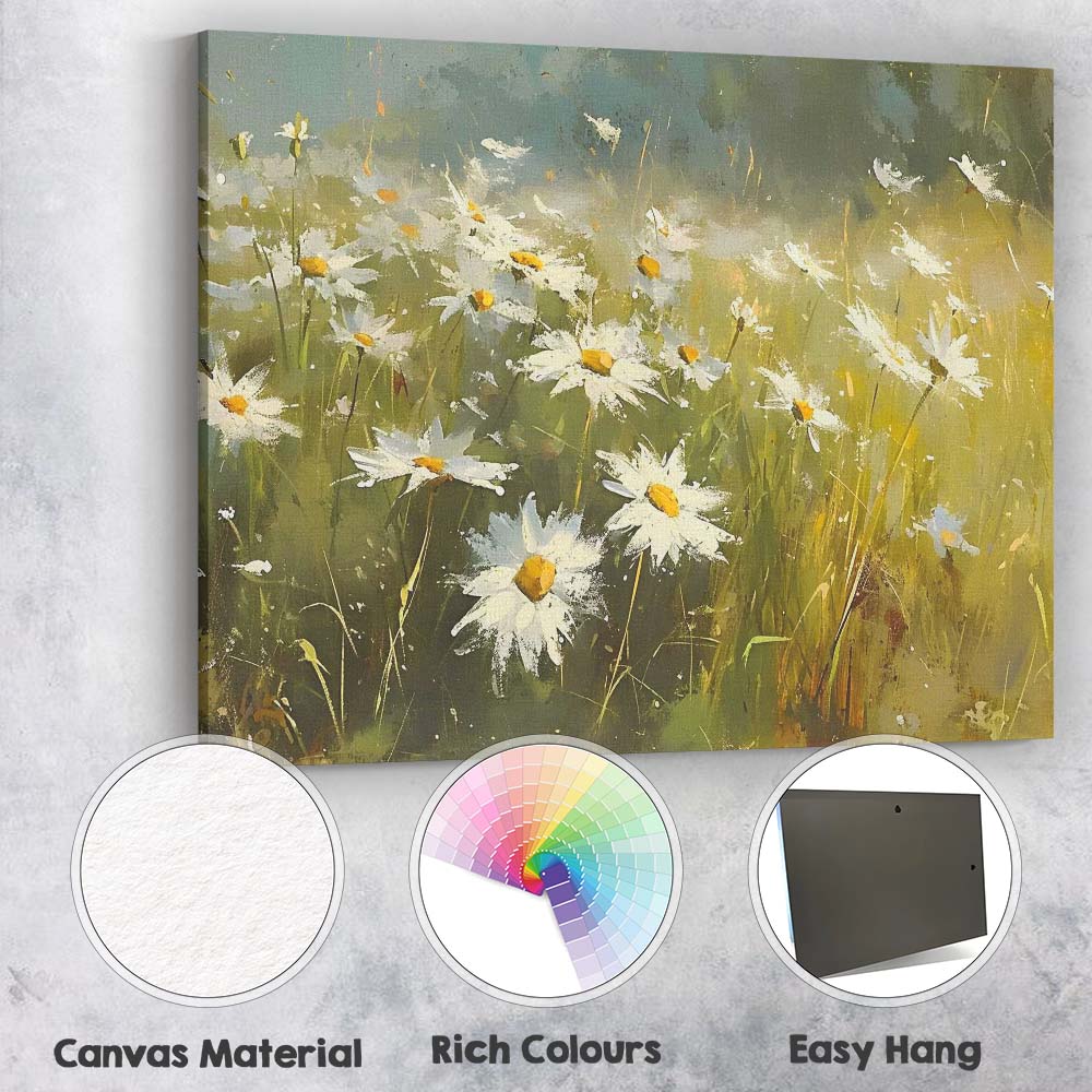 White Daisy Wildflower Meadow Impressionist Floral Landscape Canvas Wall Art Print Decor Picture Ready to Hang