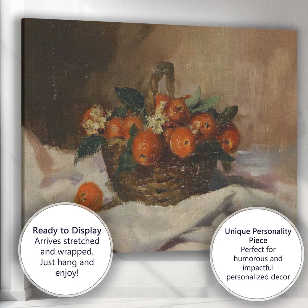 Rustic Basket of Oranges Traditional Still Life Oil Painting Canvas Wall Art Print Decor Picture Ready to Hang