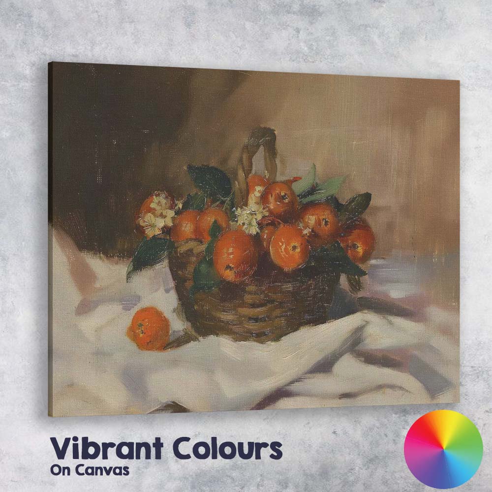Rustic Basket of Oranges Traditional Still Life Oil Painting Canvas Wall Art Print Decor Picture Ready to Hang