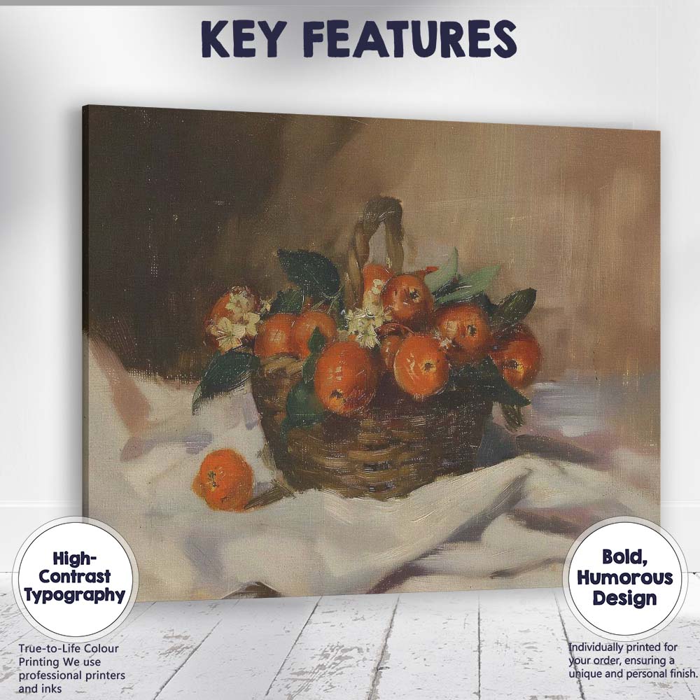 Rustic Basket of Oranges Traditional Still Life Oil Painting Canvas Wall Art Print Decor Picture Ready to Hang