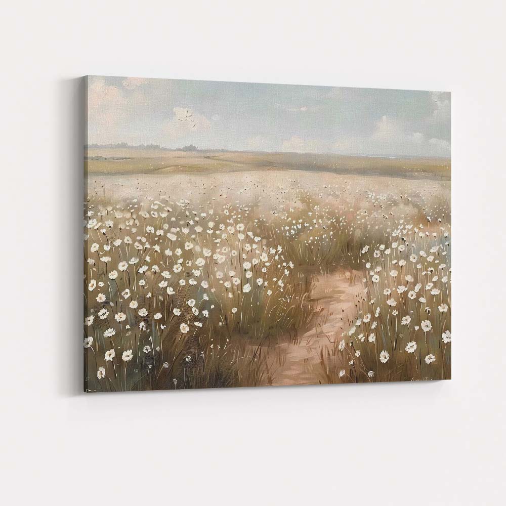 Soft White Wildflower Meadow Countryside Landscape Canvas Wall Art Print Decor Picture Ready to Hang