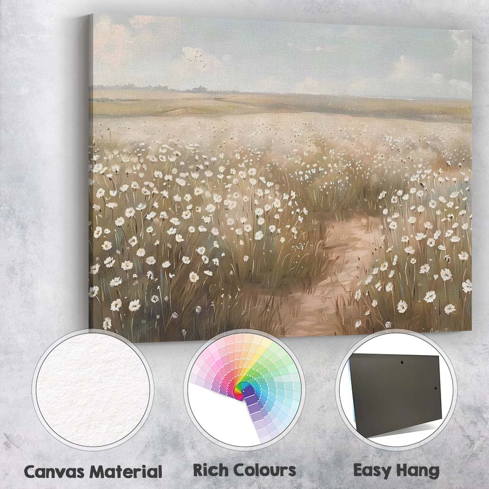 Soft White Wildflower Meadow Countryside Landscape Canvas Wall Art Print Decor Picture Ready to Hang