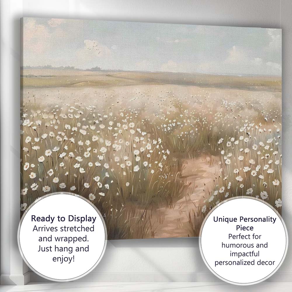 Soft White Wildflower Meadow Countryside Landscape Canvas Wall Art Print Decor Picture Ready to Hang