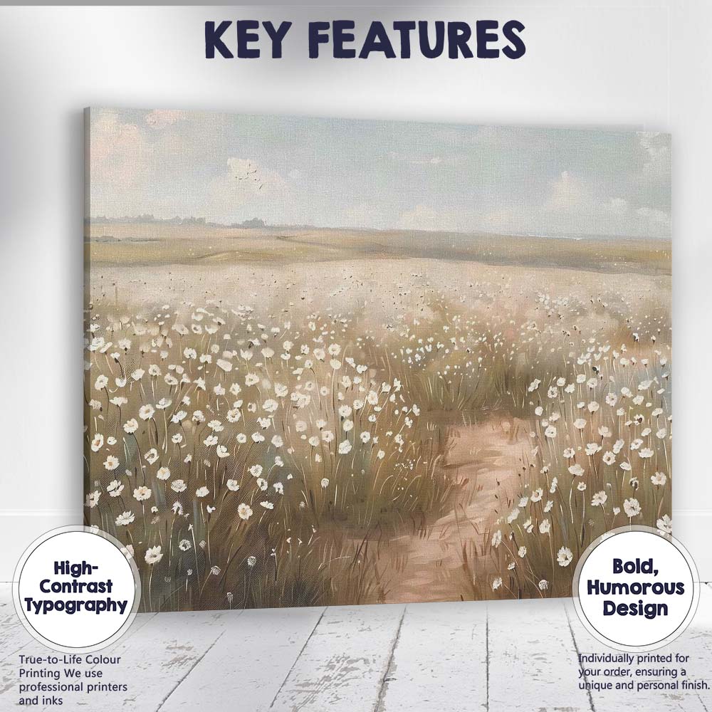 Soft White Wildflower Meadow Countryside Landscape Canvas Wall Art Print Decor Picture Ready to Hang