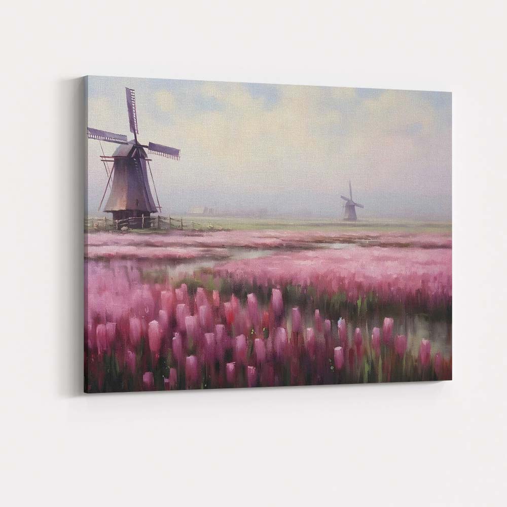 Pink Tulip Field Dutch Windmill Misty Landscape Canvas Wall Art Print Decor Picture Ready to Hang