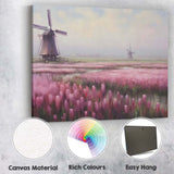 Pink Tulip Field Dutch Windmill Misty Landscape Canvas Wall Art Print Decor Picture Ready to Hang