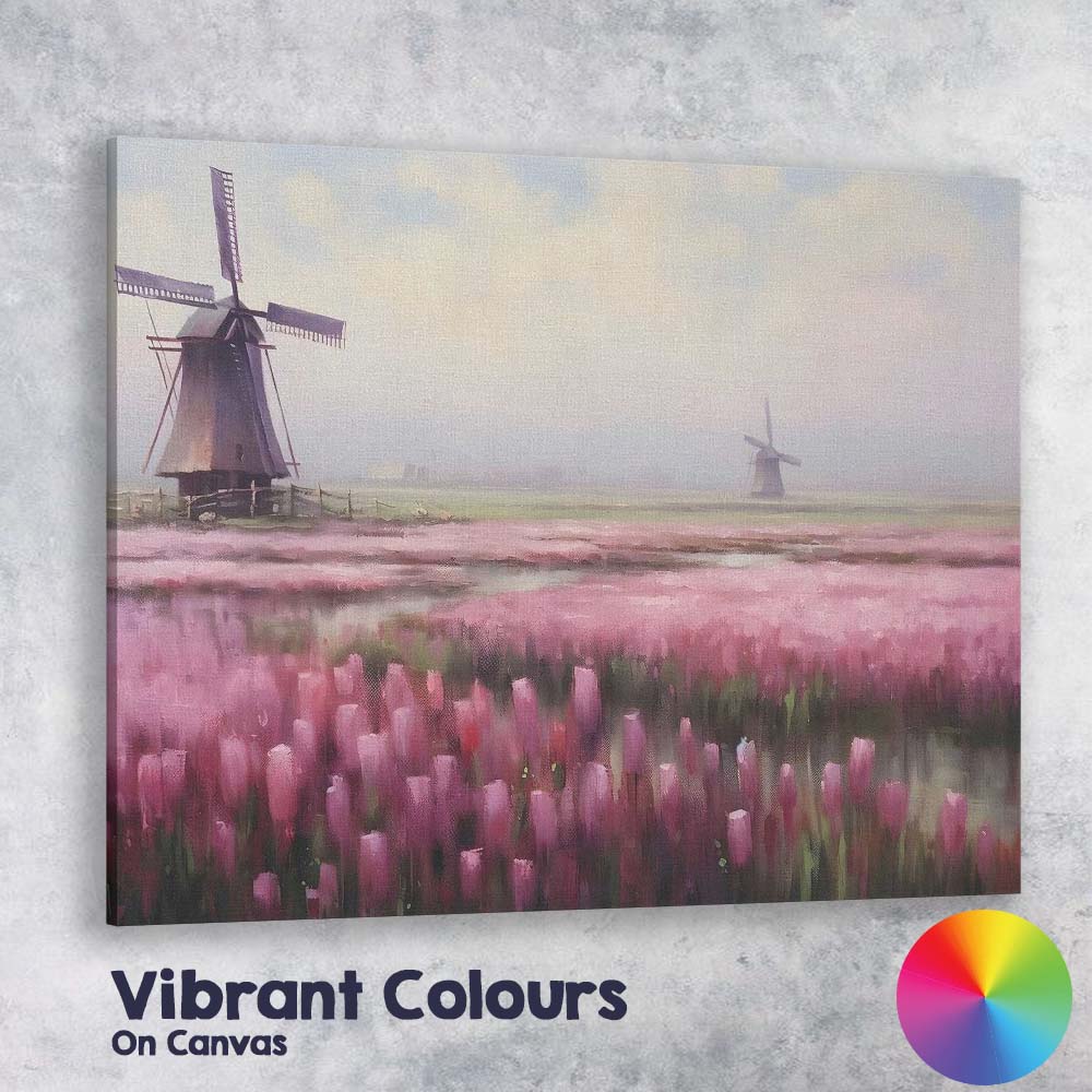 Pink Tulip Field Dutch Windmill Misty Landscape Canvas Wall Art Print Decor Picture Ready to Hang