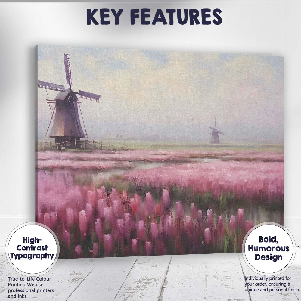 Pink Tulip Field Dutch Windmill Misty Landscape Canvas Wall Art Print Decor Picture Ready to Hang