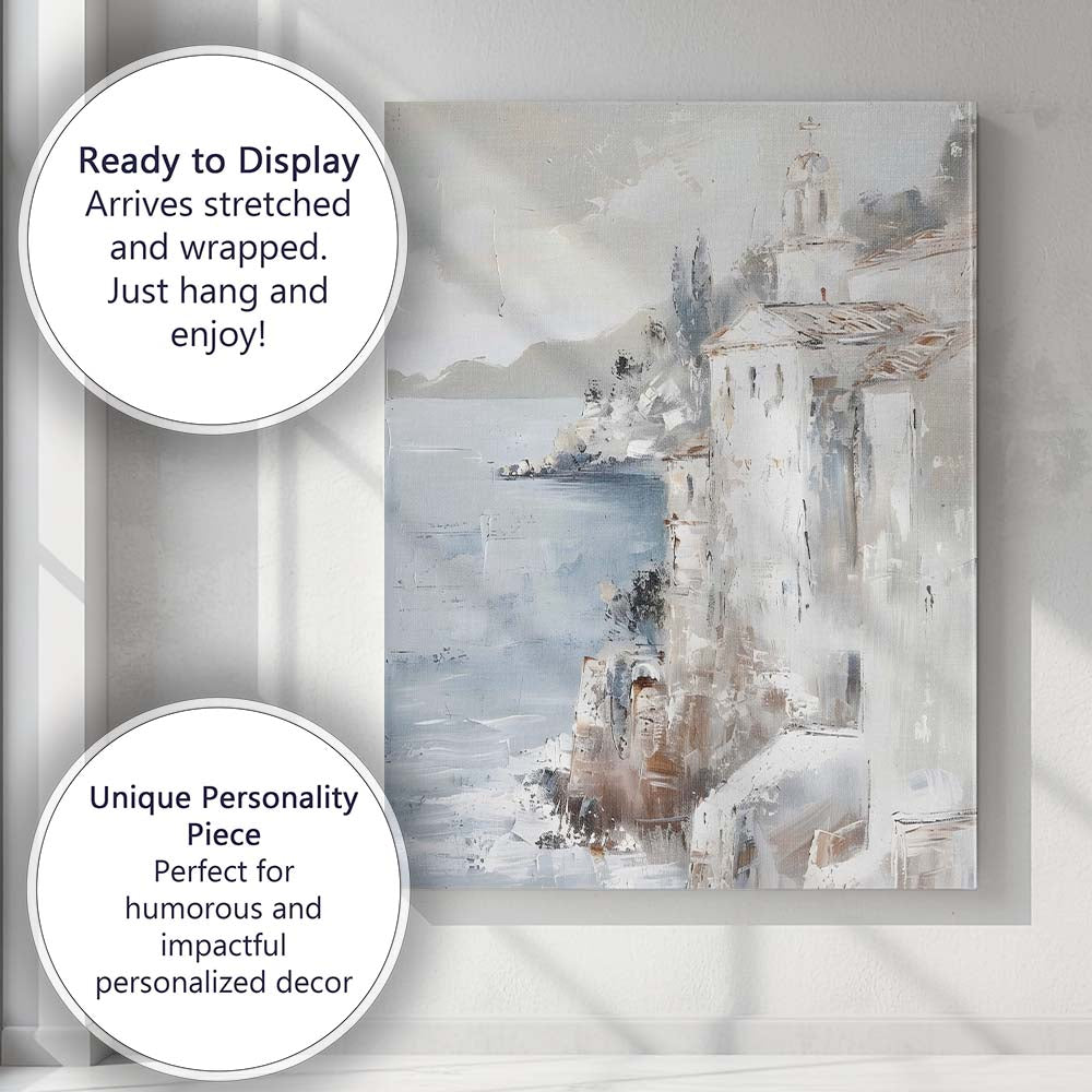White Mediterranean Coastal Village Abstract Seascape Canvas Wall Art Print Decor Picture Ready to Hang