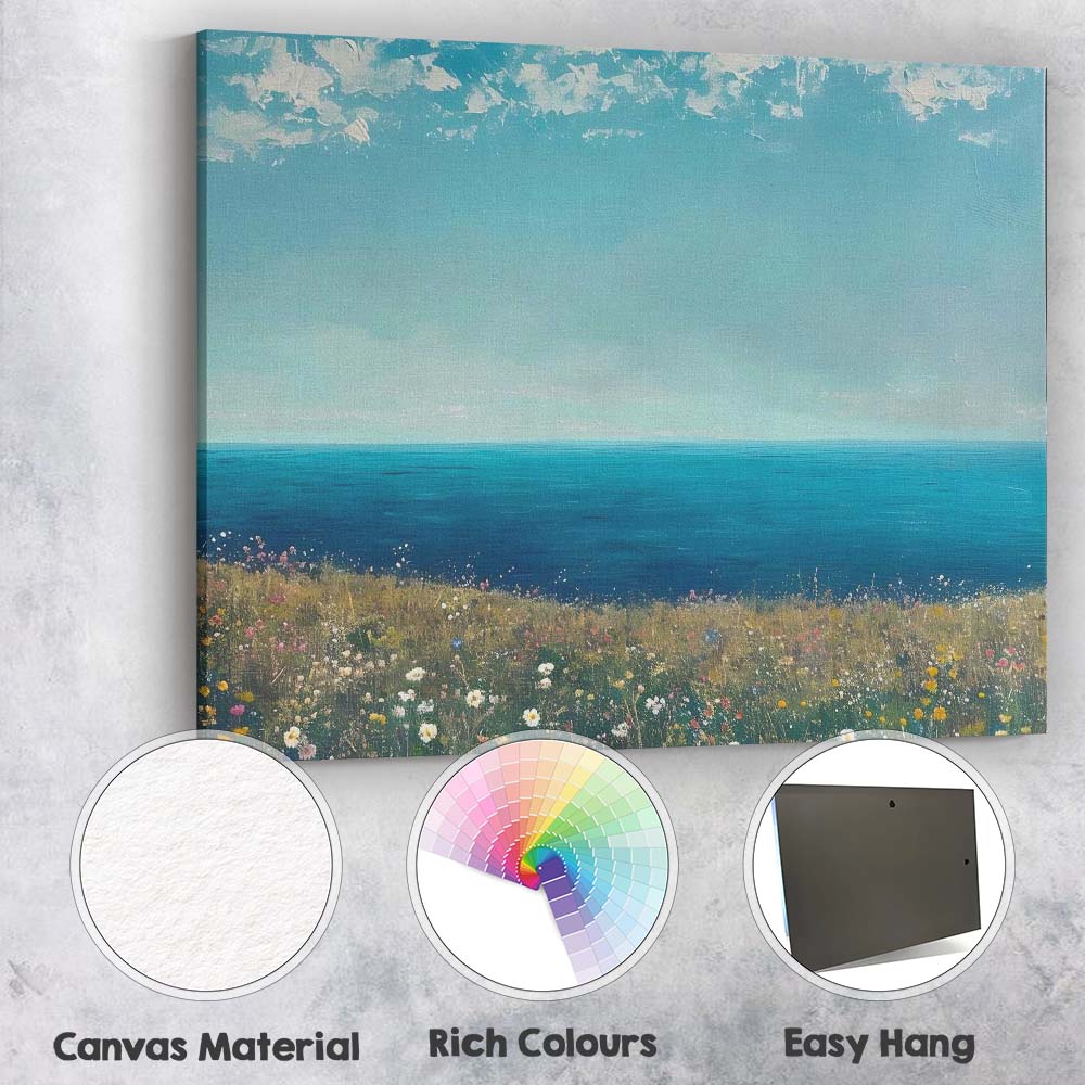 Blue Ocean Horizon Wildflower Coastal Meadow Landscape Canvas Wall Art Print Decor Picture Ready to Hang
