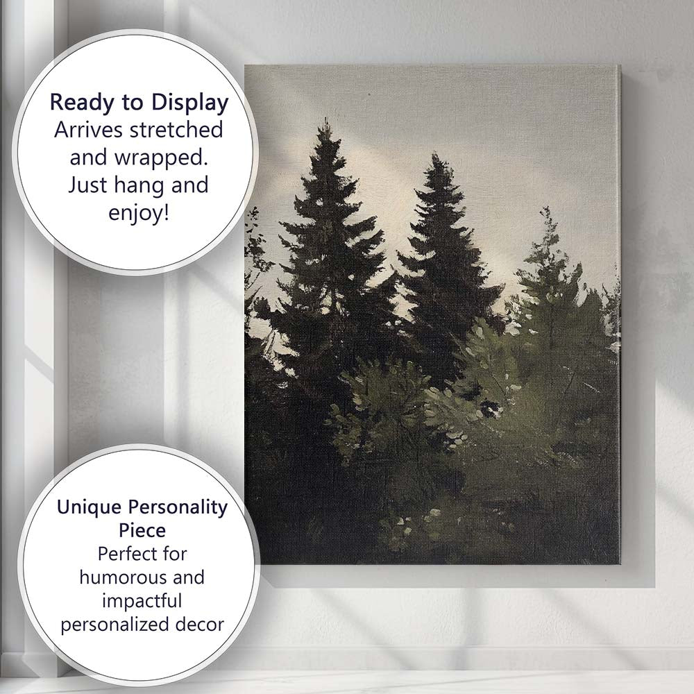 Moody Evergreen Forest Woodland Landscape Painting Canvas Wall Art Print Decor Picture Ready to Hang