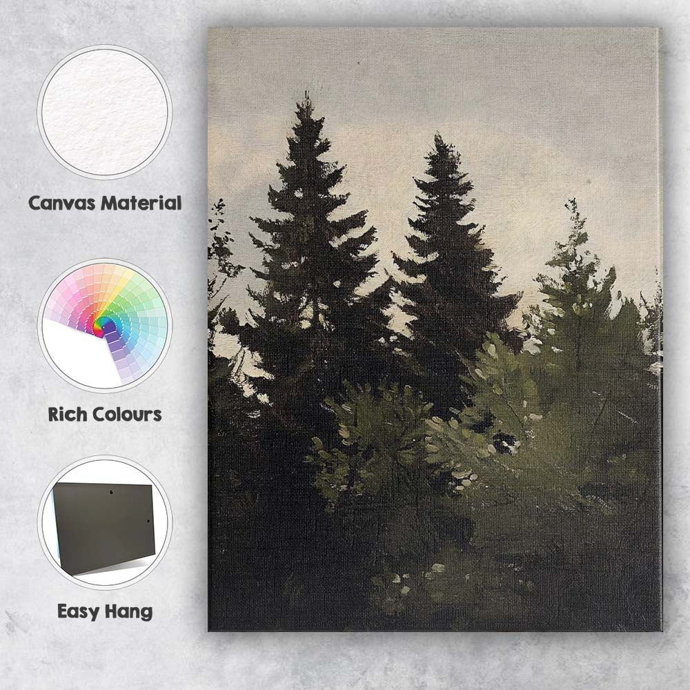 Moody Evergreen Forest Woodland Landscape Painting Canvas Wall Art Print Decor Picture Ready to Hang