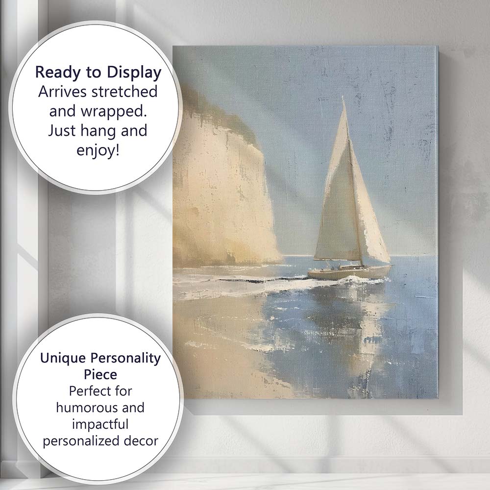 Contemporary White Sailboat Coastal Cliff Seascape Canvas Wall Art Print Decor Picture Ready to Hang