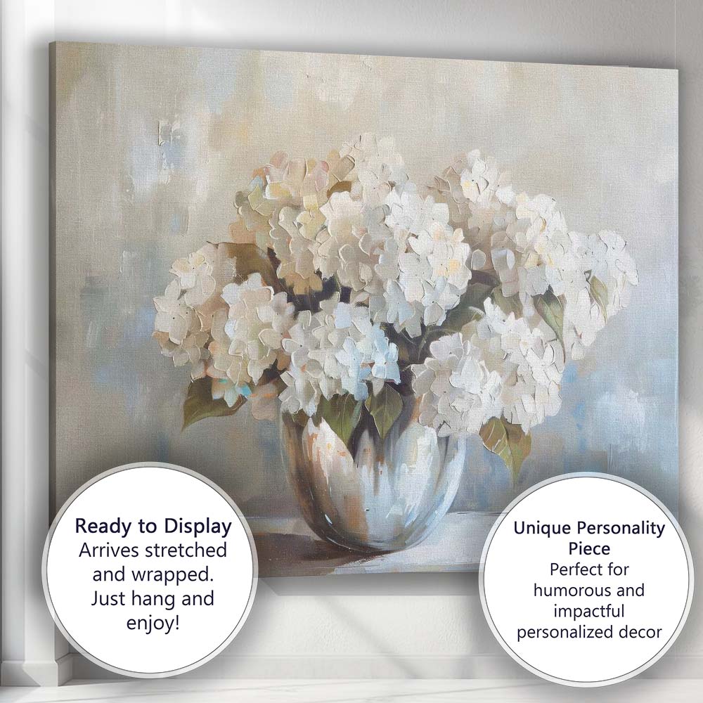 Elegant White Hydrangea Bouquet Impressionist Floral Still Life Canvas Wall Art Print Decor Picture Ready to Hang
