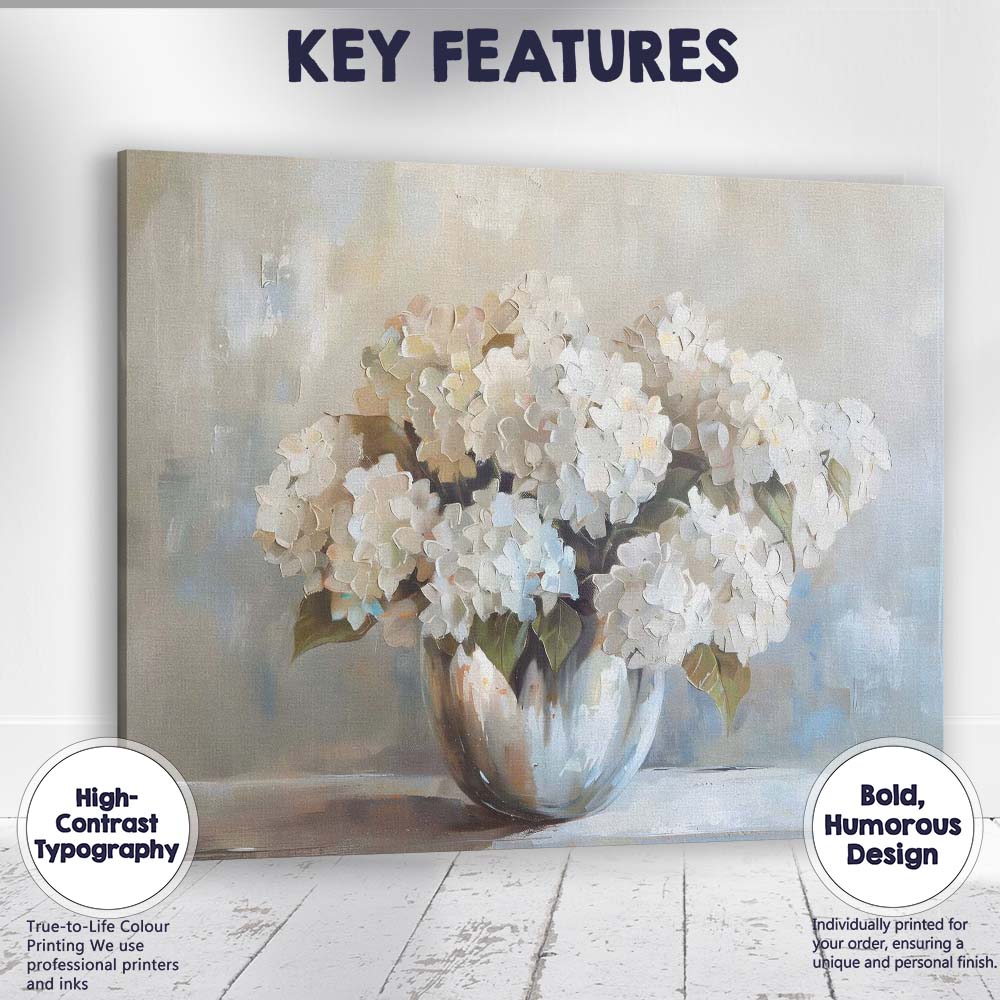 Elegant White Hydrangea Bouquet Impressionist Floral Still Life Canvas Wall Art Print Decor Picture Ready to Hang