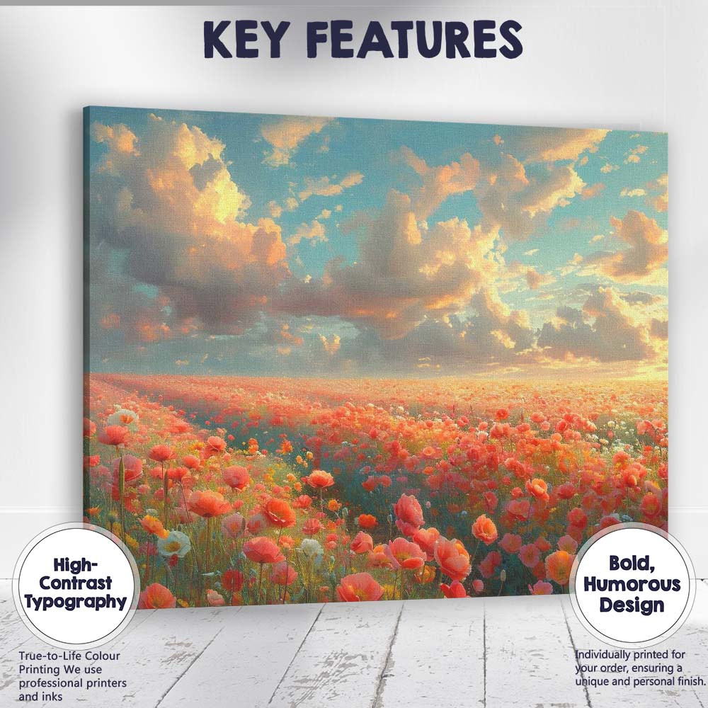 Vibrant Wildflower Meadow Sunset Sky Landscape Canvas Wall Art Print Decor Picture Ready to Hang