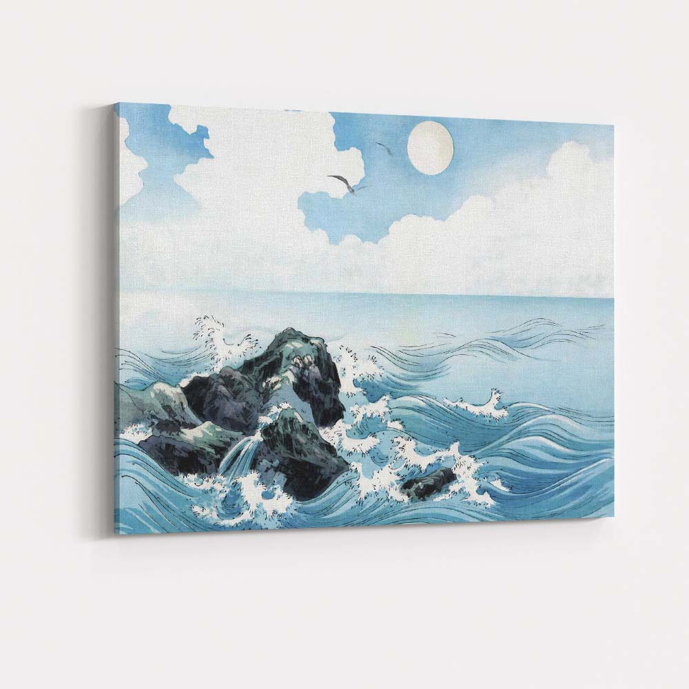 Japanese Inspired Ocean Waves Full Moon Seascape Illustration Canvas Wall Art Print Decor Picture Ready to Hang