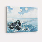 Japanese Inspired Ocean Waves Full Moon Seascape Illustration Canvas Wall Art Print Decor Picture Ready to Hang