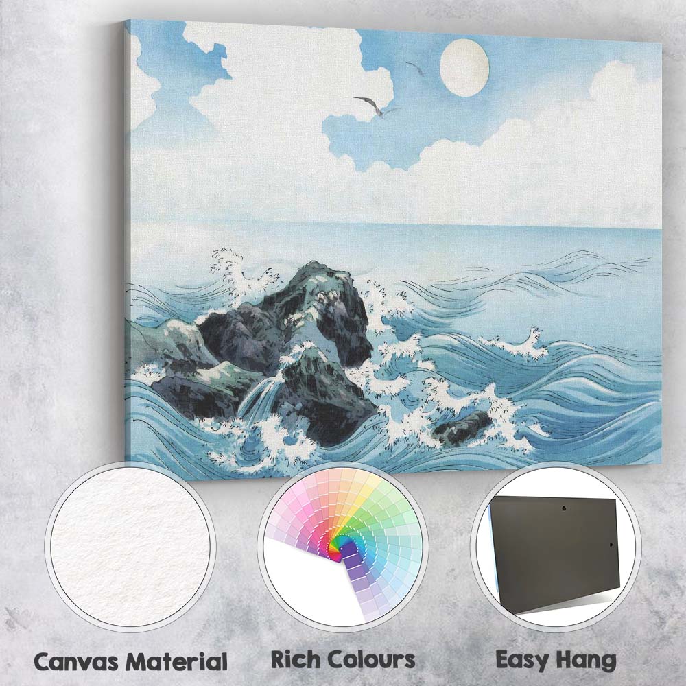 Japanese Inspired Ocean Waves Full Moon Seascape Illustration Canvas Wall Art Print Decor Picture Ready to Hang