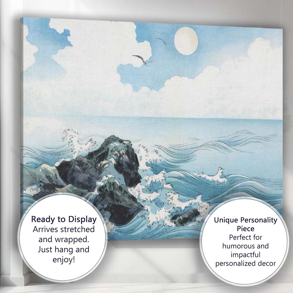 Japanese Inspired Ocean Waves Full Moon Seascape Illustration Canvas Wall Art Print Decor Picture Ready to Hang
