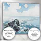 Japanese Inspired Ocean Waves Full Moon Seascape Illustration Canvas Wall Art Print Decor Picture Ready to Hang