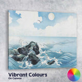 Japanese Inspired Ocean Waves Full Moon Seascape Illustration Canvas Wall Art Print Decor Picture Ready to Hang