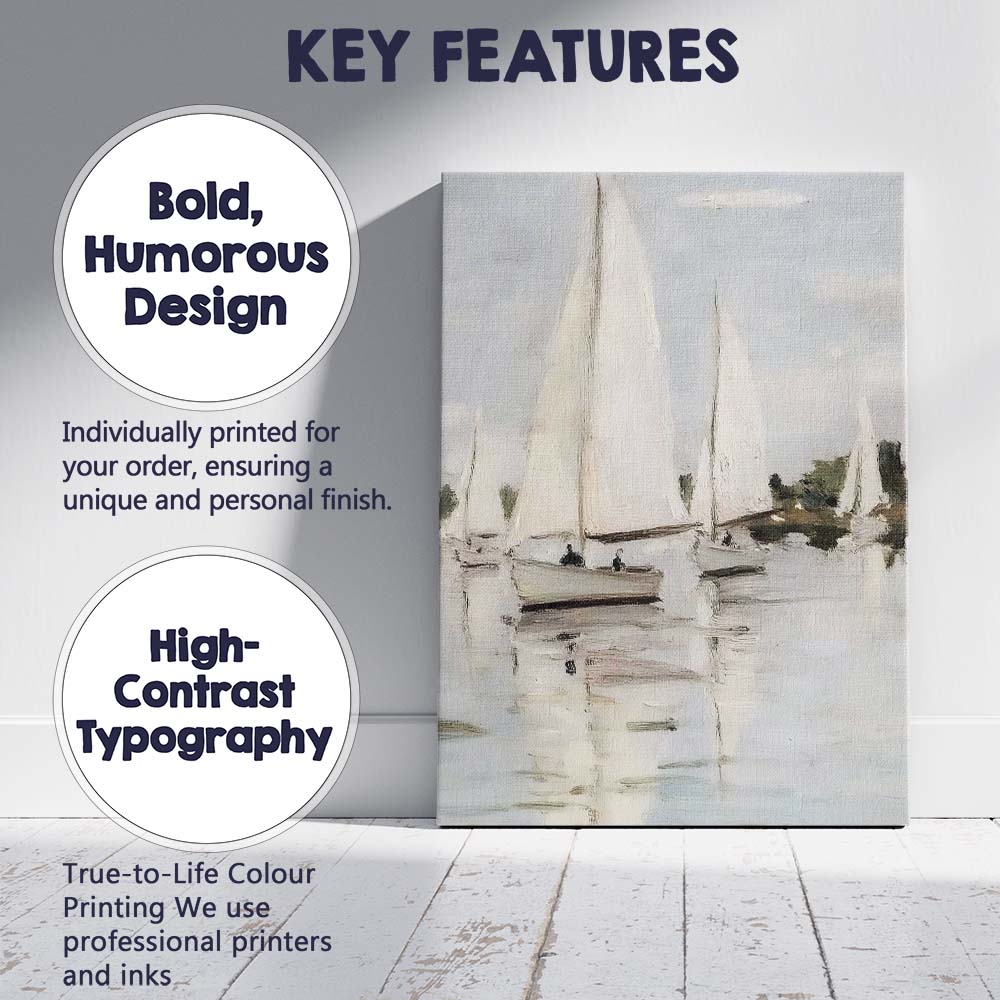 Soft Neutral Sailing Boats Coastal Marina Oil Painting Canvas Wall Art Print Decor Picture Ready to Hang
