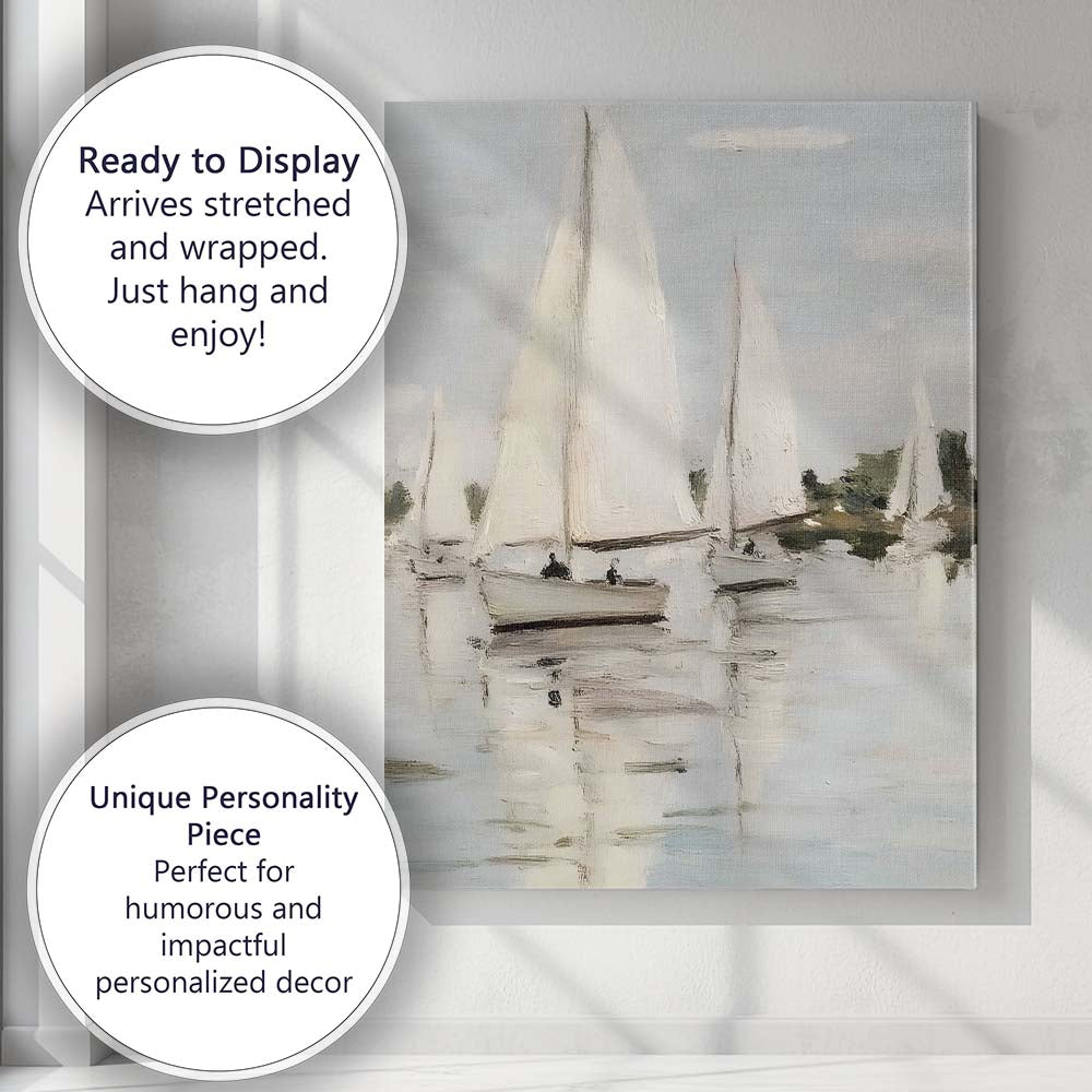Soft Neutral Sailing Boats Coastal Marina Oil Painting Canvas Wall Art Print Decor Picture Ready to Hang