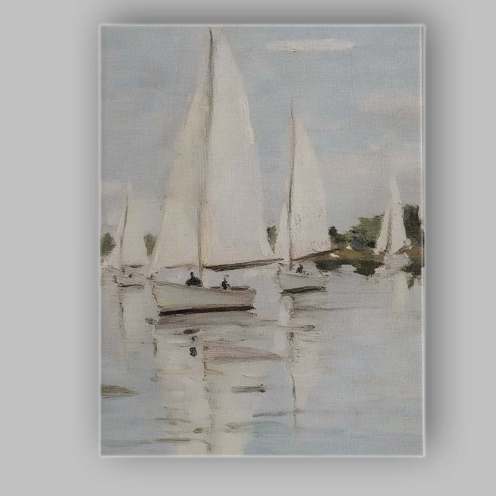Soft Neutral Sailing Boats Coastal Marina Oil Painting Canvas Wall Art Print Decor Picture Ready to Hang