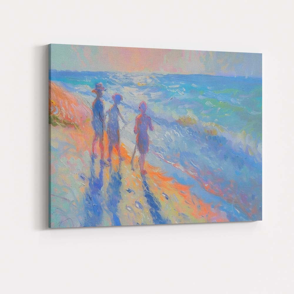 Colourful Family Walking Along Sunny Beach Impressionist Canvas Wall Art Print Decor Picture Ready to Hang