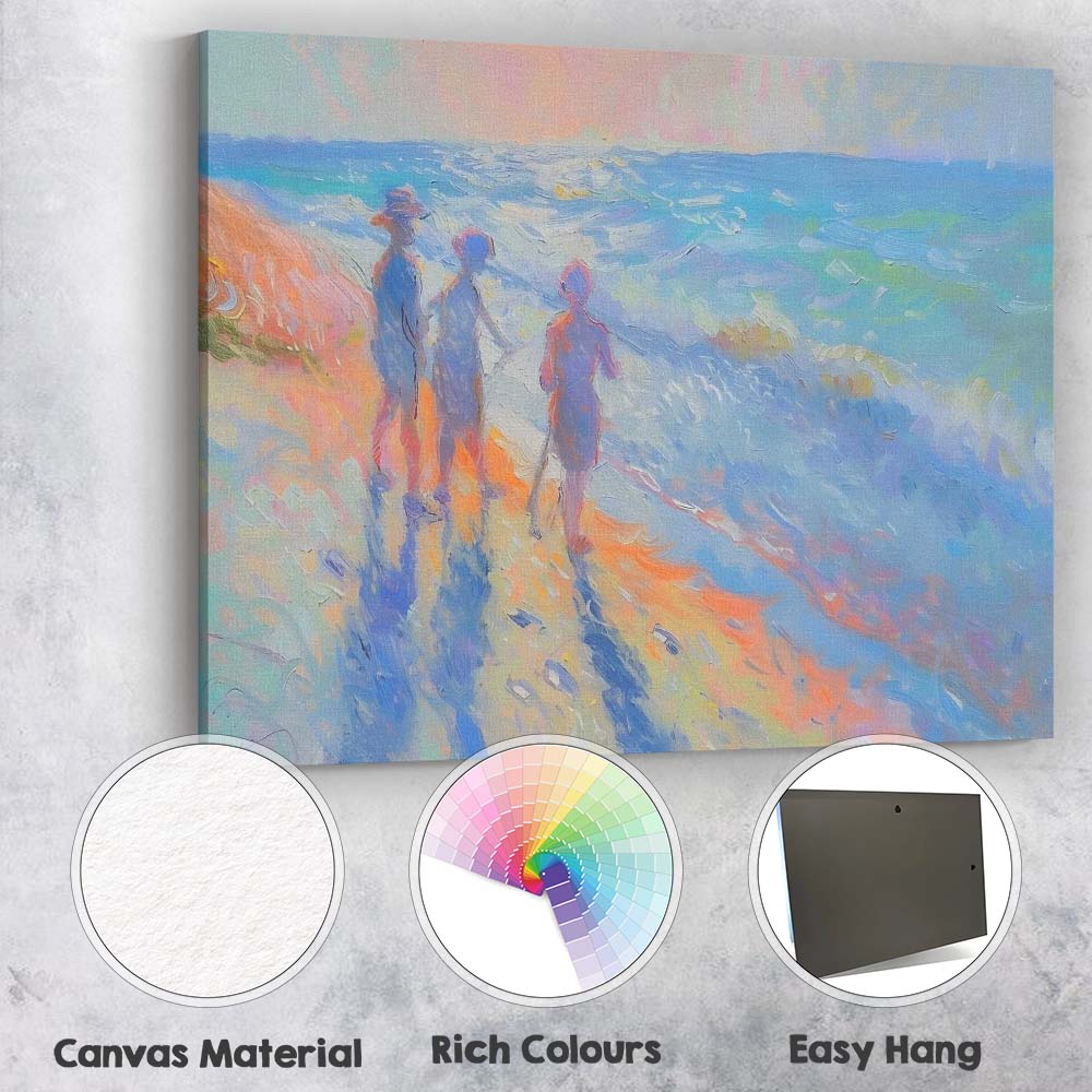 Colourful Family Walking Along Sunny Beach Impressionist Canvas Wall Art Print Decor Picture Ready to Hang