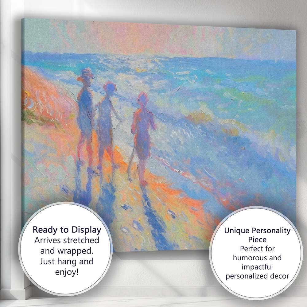 Colourful Family Walking Along Sunny Beach Impressionist Canvas Wall Art Print Decor Picture Ready to Hang